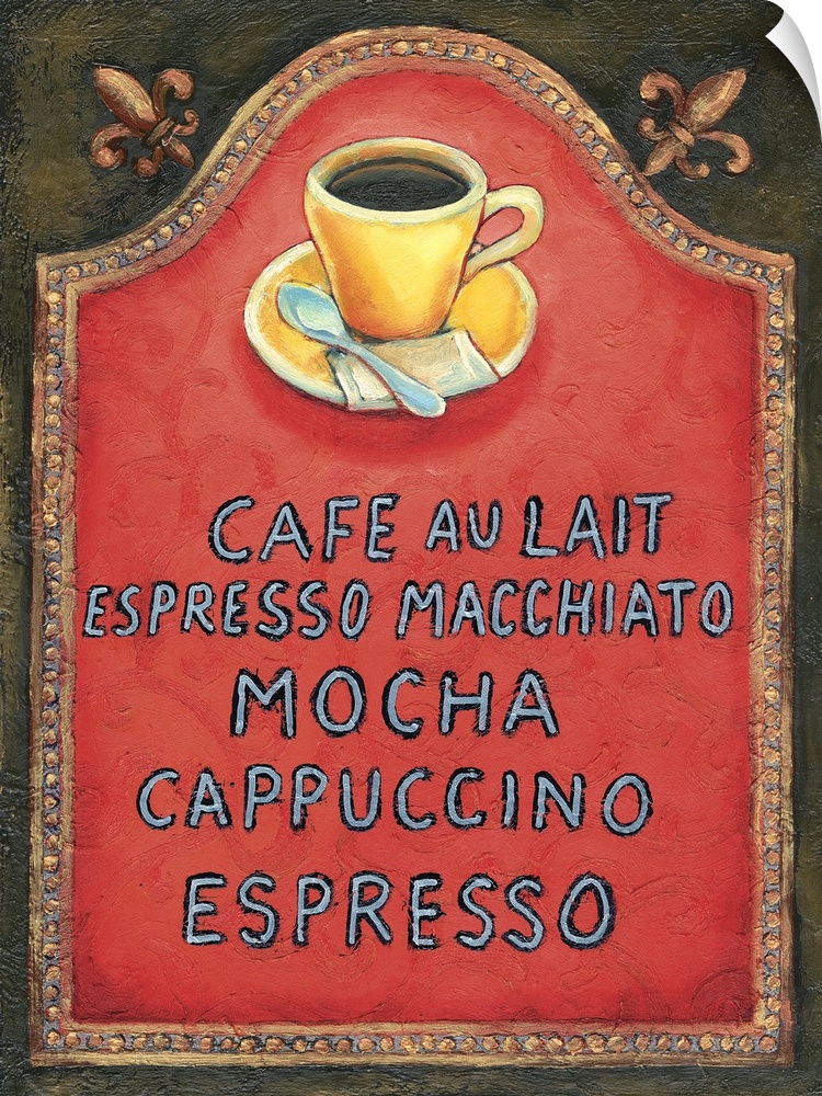 A list of coffee options along with cup and saucer against a red background.