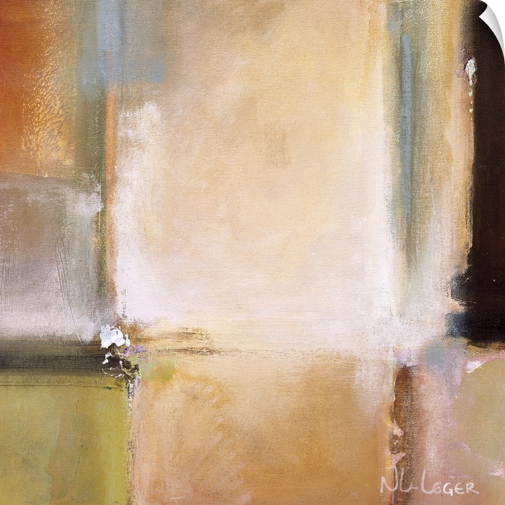 Abstract painting of soft squared shapes overlapping in earth tones.