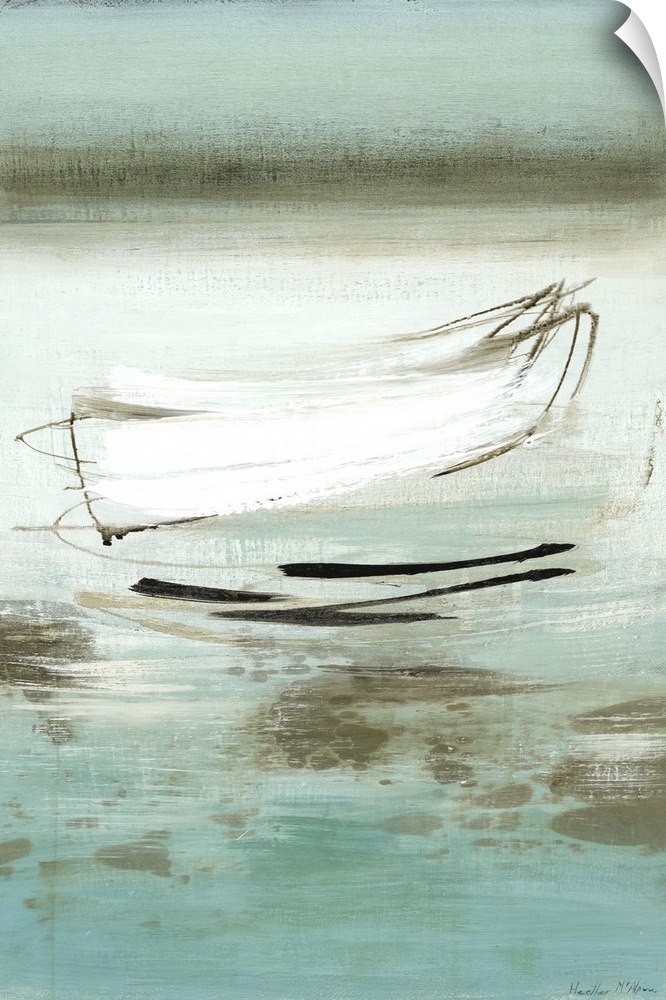 A modern abstract landscape of a beach scene in bold brush strokes of  gray, green and blue.