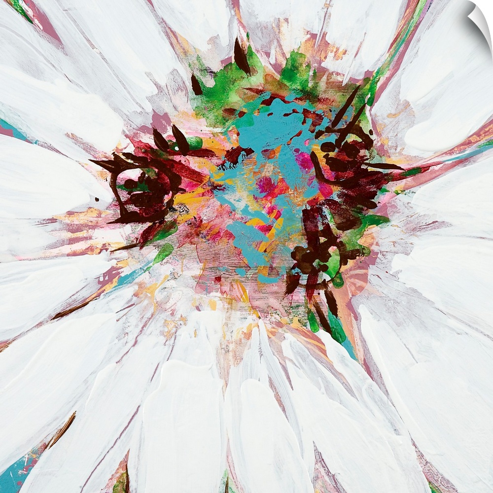 A square painting of close up center of a daisy in multiple colors.