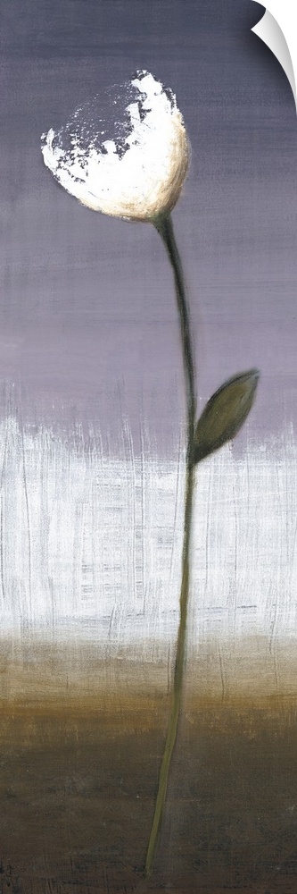 A long vertical painting of a single white flower on a long stem with a textured neutral background.