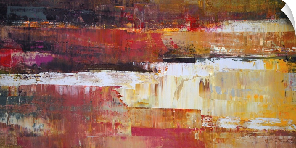 A horizontal abstract painting in vibrant textured colors of red, yellow and brown.