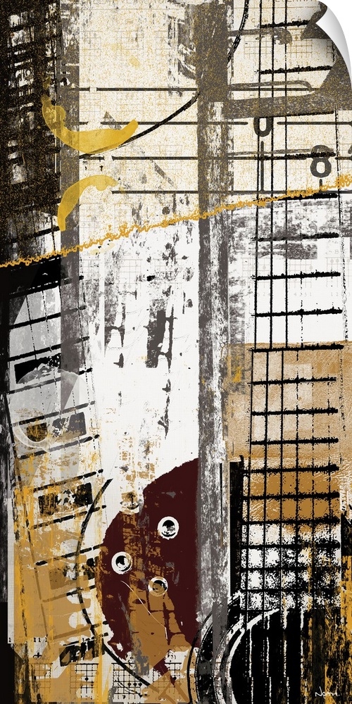 A vertical digital composite of a guitar with textured elements overlapping.