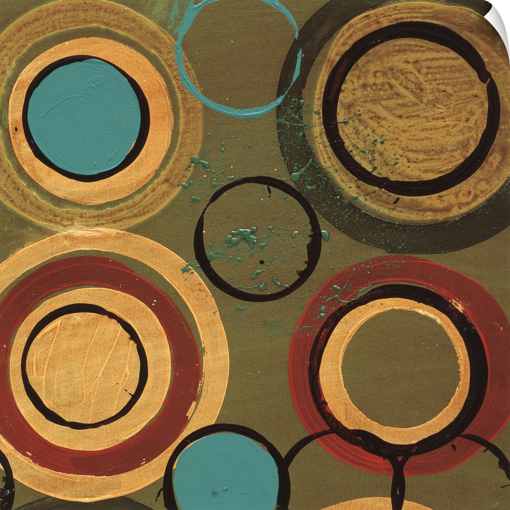 Circular shapes in multiple rings of colors with a splatter of green paint in the center.