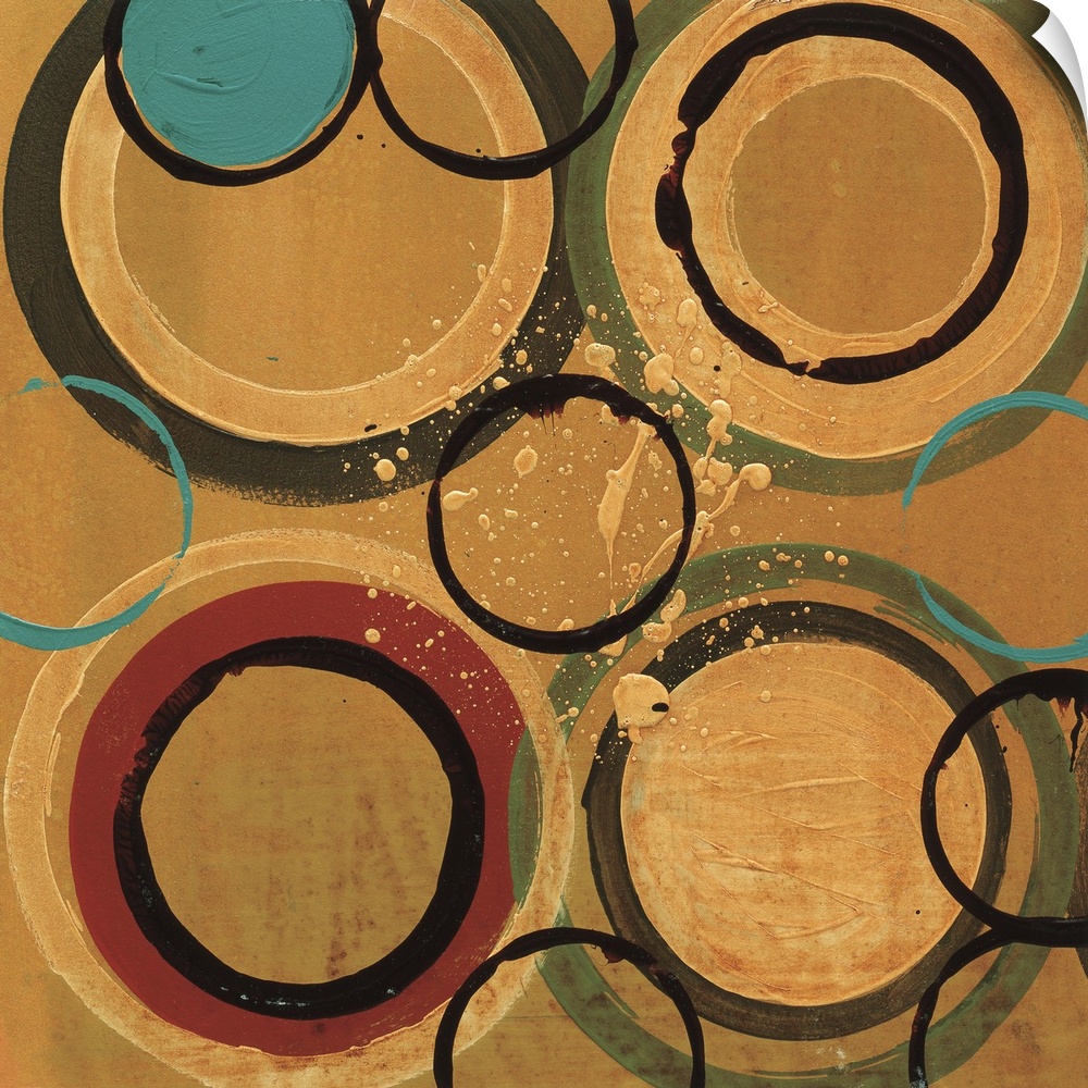 Circular shapes in multiple rings of colors with a splatter of gold paint in the center.