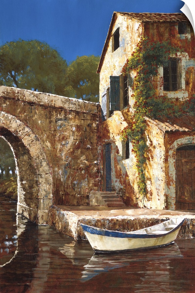 Painting of a small boat docked by a stone house with vines in Europe.