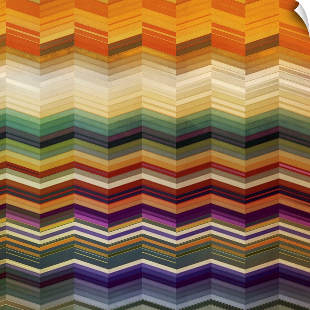 Square artwork of a repetitive chevron pattern in multi-colors of muted colors.