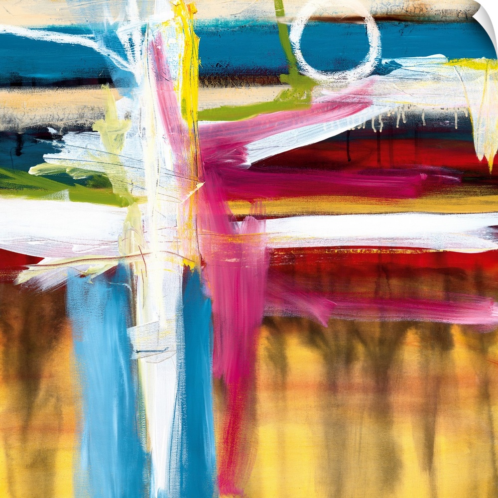 Abstract painting in vibrant colors of yellow, blue and red with bold vertical and horizontal brush strokes.