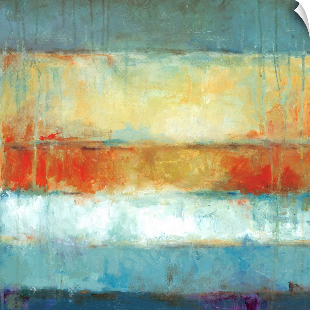 Square abstract painting in textured colors of blue, orange, and yellow with horizontal stripes.
