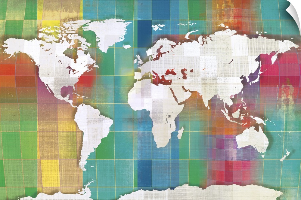 A world map in beige and white checkers with multi-colors squares for the water.
