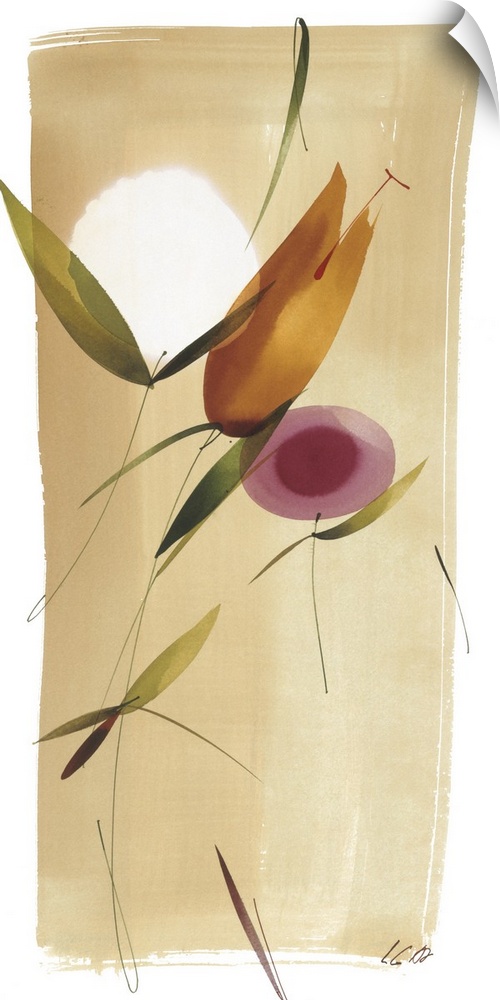 A long vertical painting in a modern design of flowers.