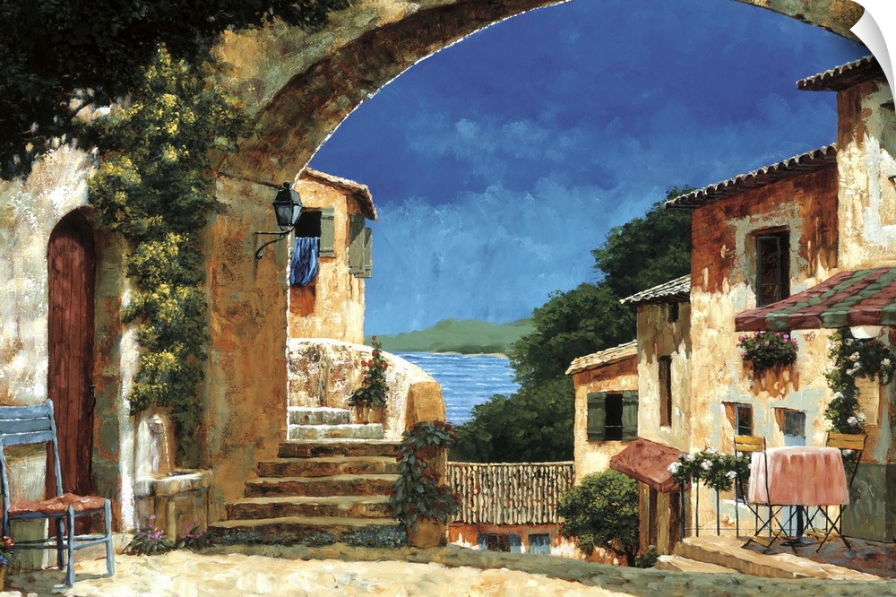 Painting of a European villa with a stone archway on a sunny day.