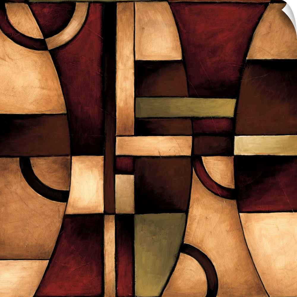 Abstract painting of squared and curved shapes overlapping in earth color tones.