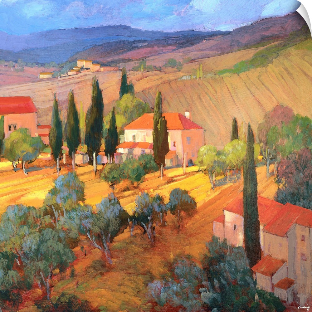 A contemporary painting of a Tuscany countryside, with rolling hills and houses.