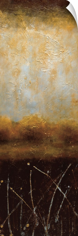 A long contemporary painting of a lake landscape in textured warm colors of orange, brown and black.