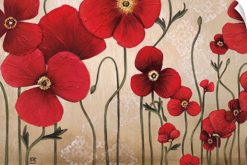 Contemporary painting of a group of red flowers with textured petals against a neutral backdrop with a floral design.