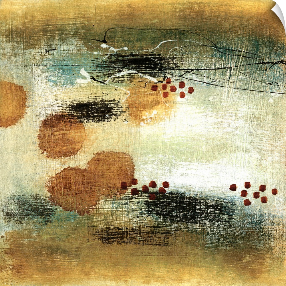 A square abstract of dots and fine lines of paint with a wide border on the top and bottom in earth tones colors.