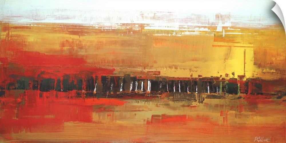 A horizontal abstract painting in vibrant textured colors of red, yellow and white.