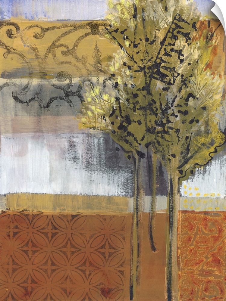 A vertical landscape painting of a few trees along a path next to water with a subtle hint of a gray gate in the background.