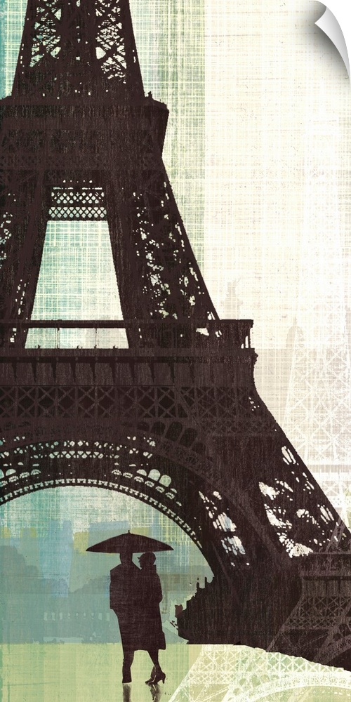 A digital illustration of a couple standing underneath the Eiffel Tower with a weaved textured background in shades of gre...