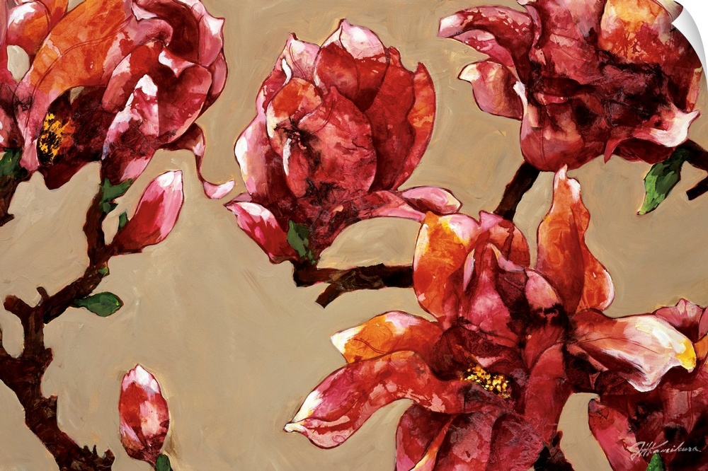 Contemporary painting of a group of red magnolias against a neutral backdrop.