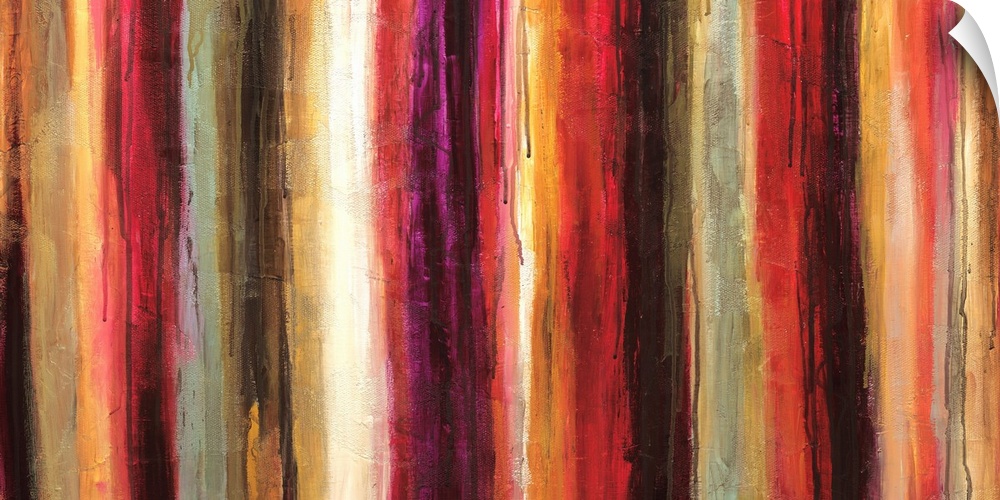 Contemporary painting of warm tones of red, purple and orange in vertical stripes and drips of paint.