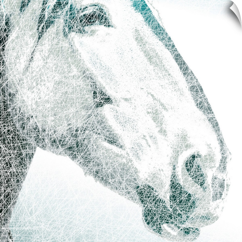 A square digital illustration of the face of a horse done in shades of blue and gray with white cross hatching lines overl...