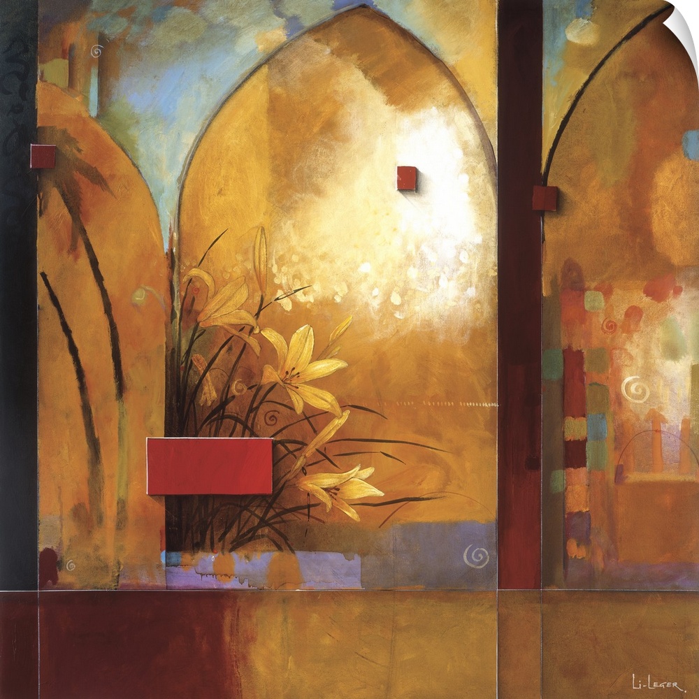 A contemporary painting of lilies in a arched window bordered with a square grid design.