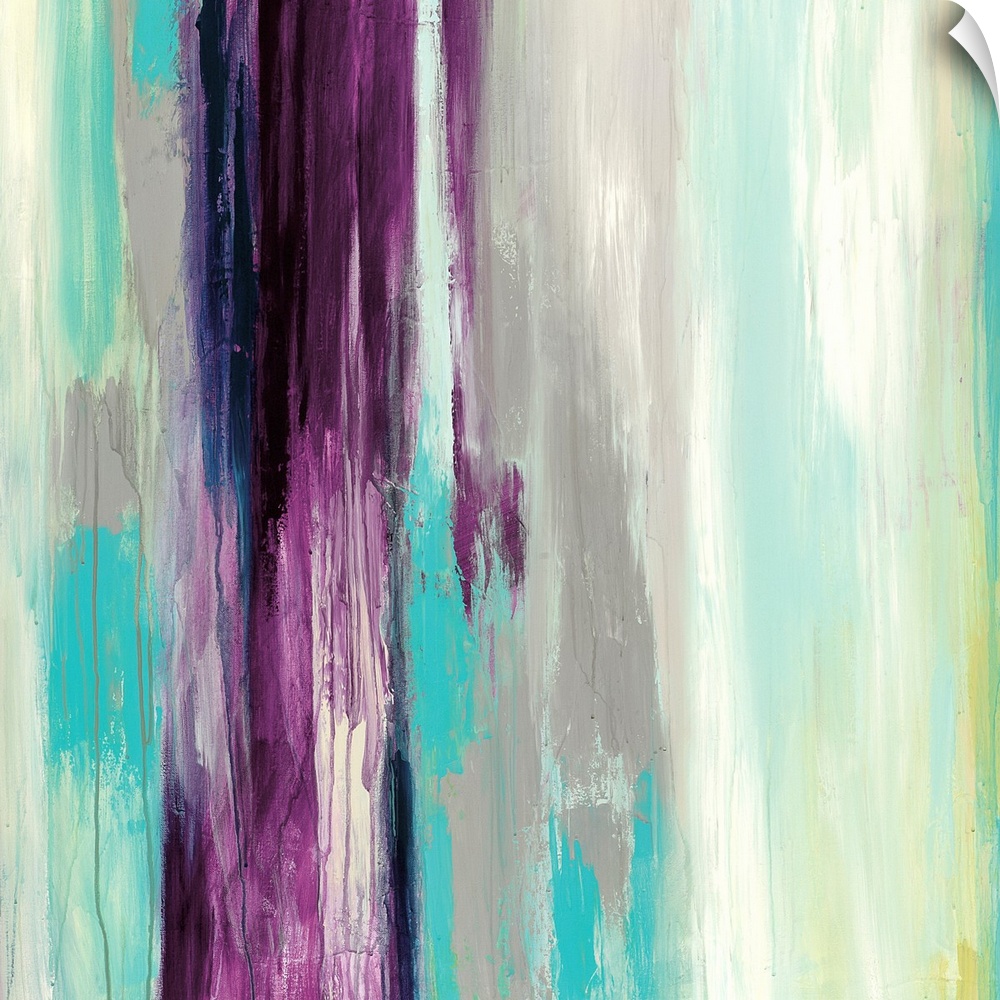 Square abstract of vertical strokes of paint in teal, gray, purple and yellow.