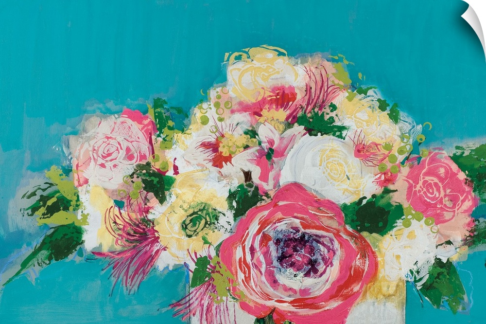 A modern horizontal painting of a vase of colorful pink, white, and yellow roses with a blue backdrop.