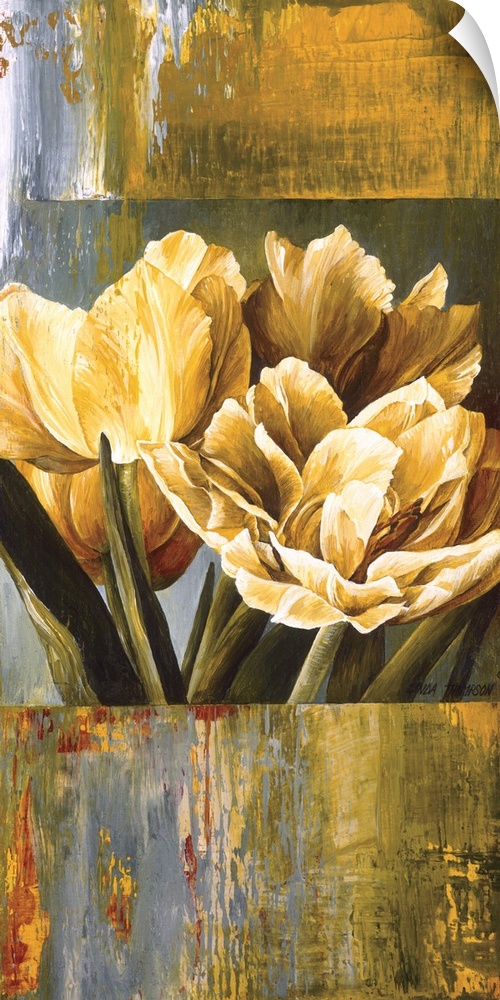 A long vertical design of yellow tulips edged with a textured orange and green border.
