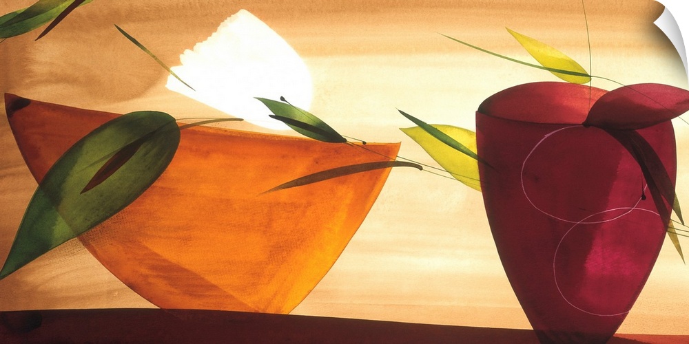 A modern abstract of  flowers in a bowl and vase.