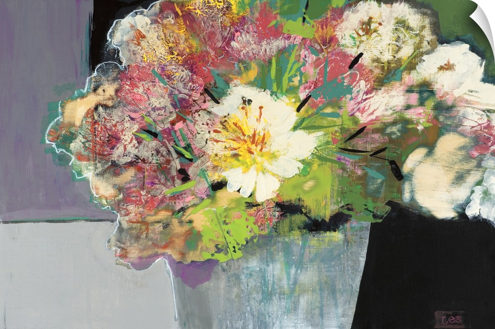 A modern abstract painting of a bouquet of multi-colored flowers in a gray vase.