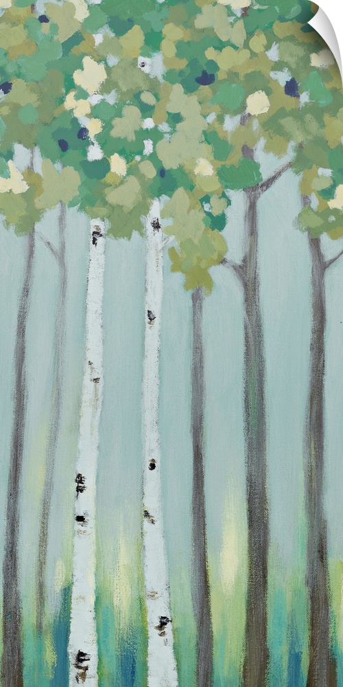 A long vertical painting of a row of trees in muted cool tones.
