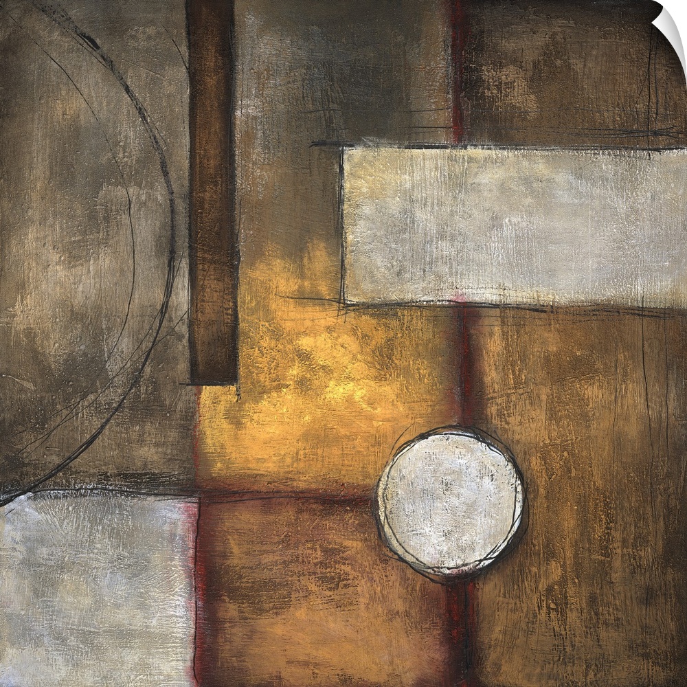 Abstract painting of squared shapes, overlapped with circular elements, done in textured earth tones.