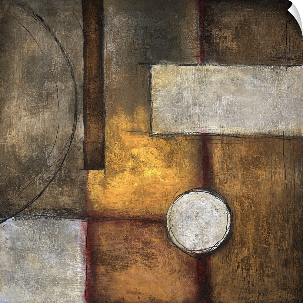 Abstract painting of square and rectangle shapes overlapped with circular elements, all done in earth tones.