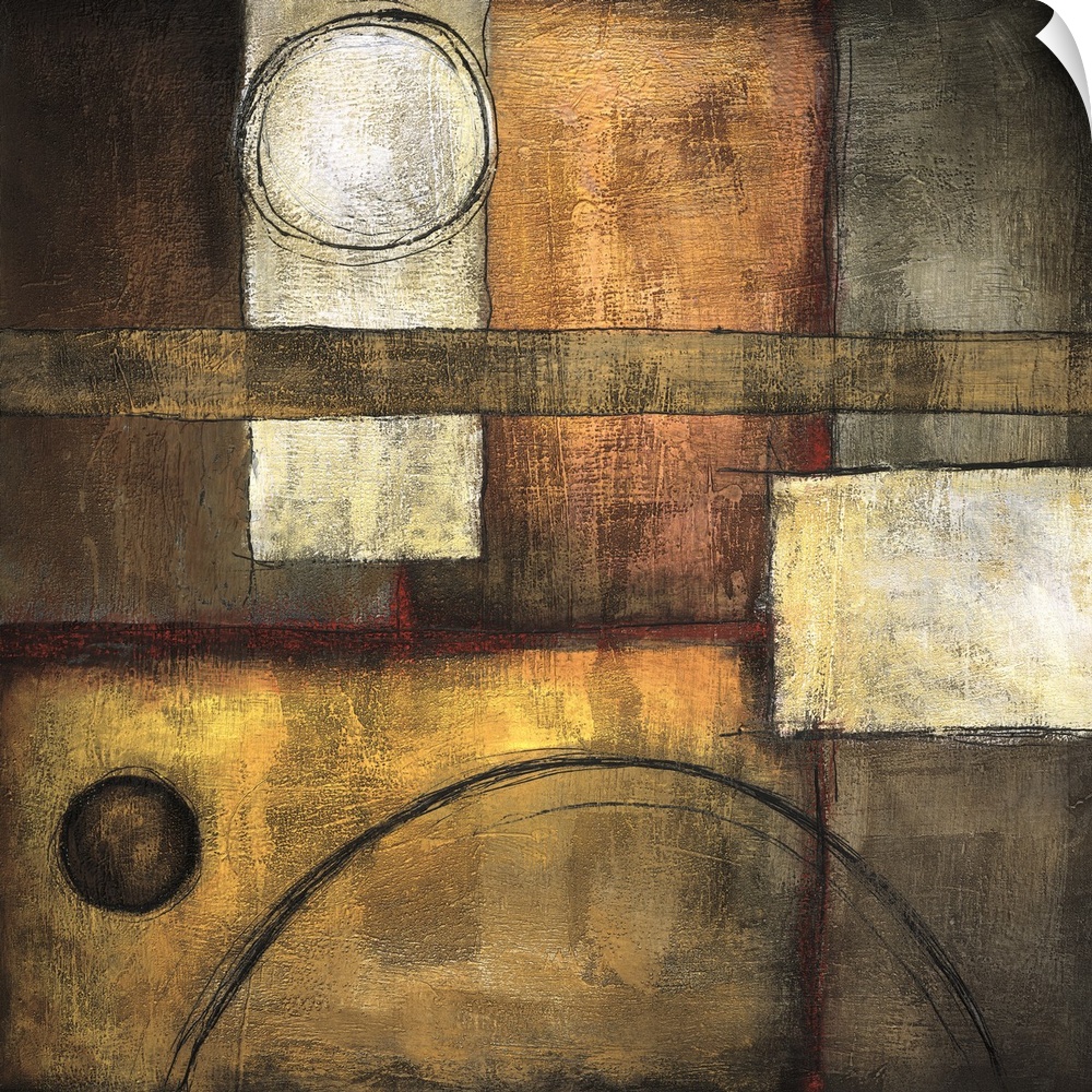 Abstract painting of square and rectangle shapes overlapped with circular elements, all done in earth tones.