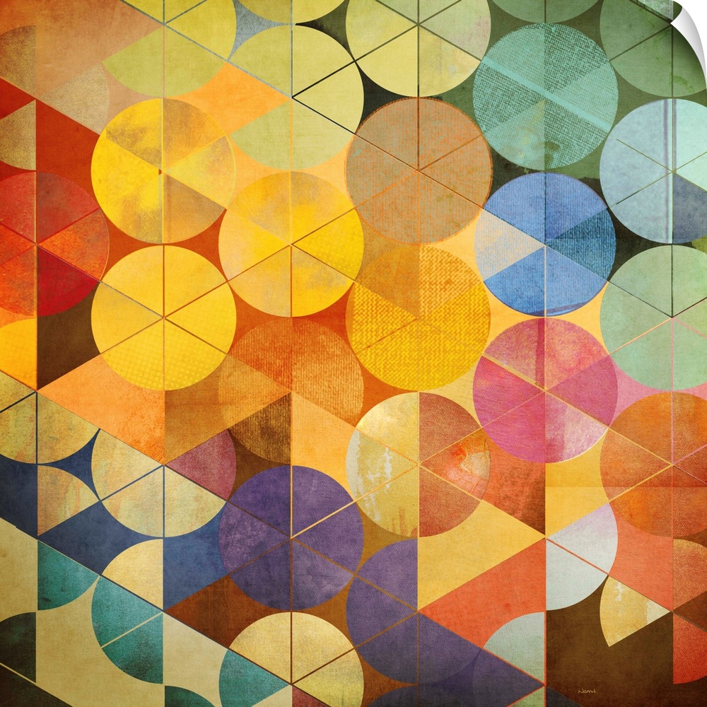 A square abstract of rows of circles with triangle overlays in multiple bright colors.
