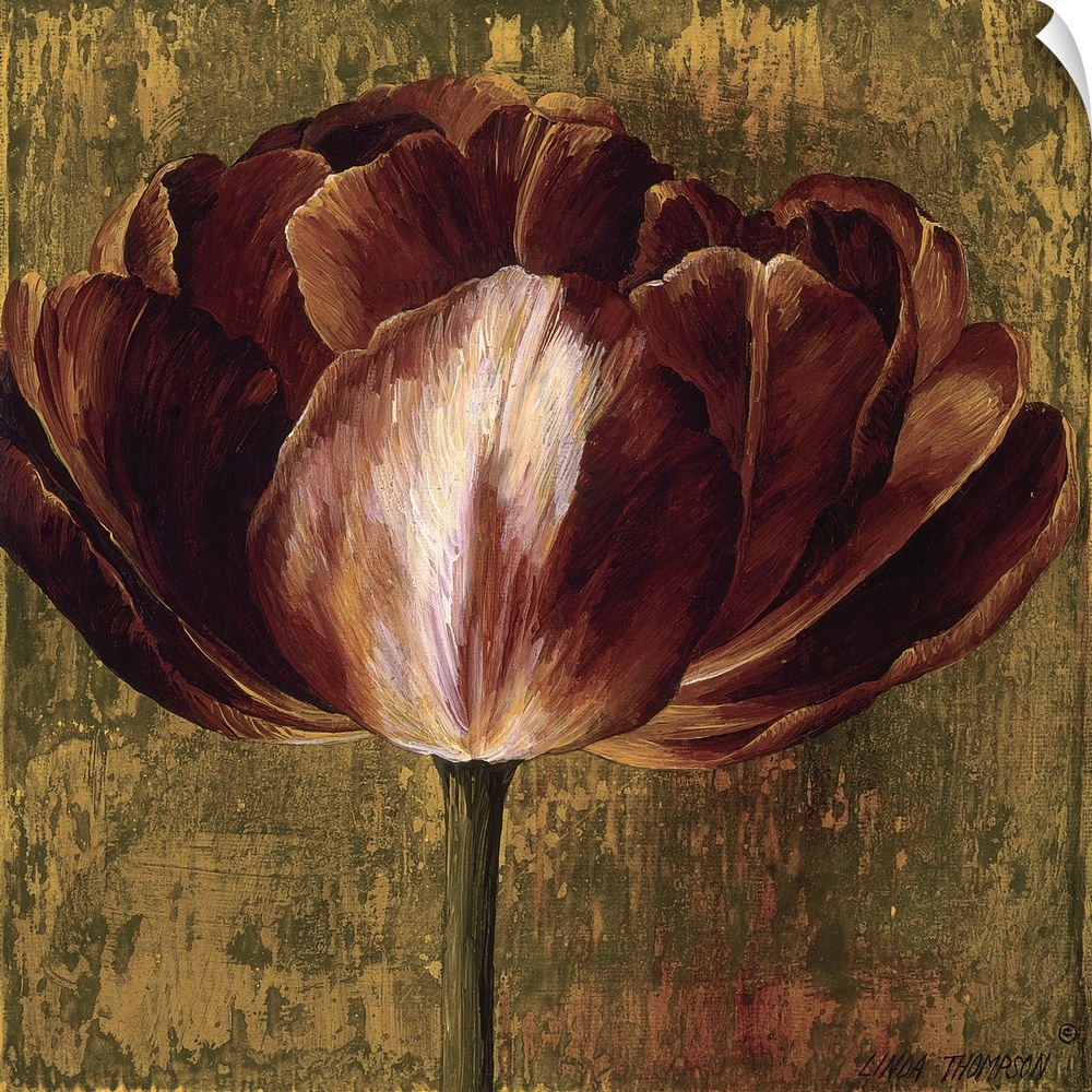 Contemporary painting of a large blooming flower in shades of red, brown and green.