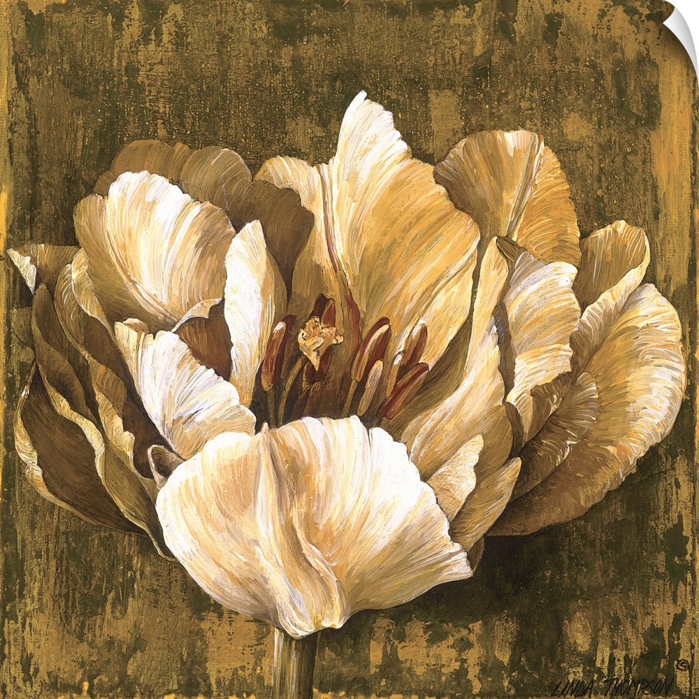 Contemporary painting of a large blooming flower in shades of white, brown and green.