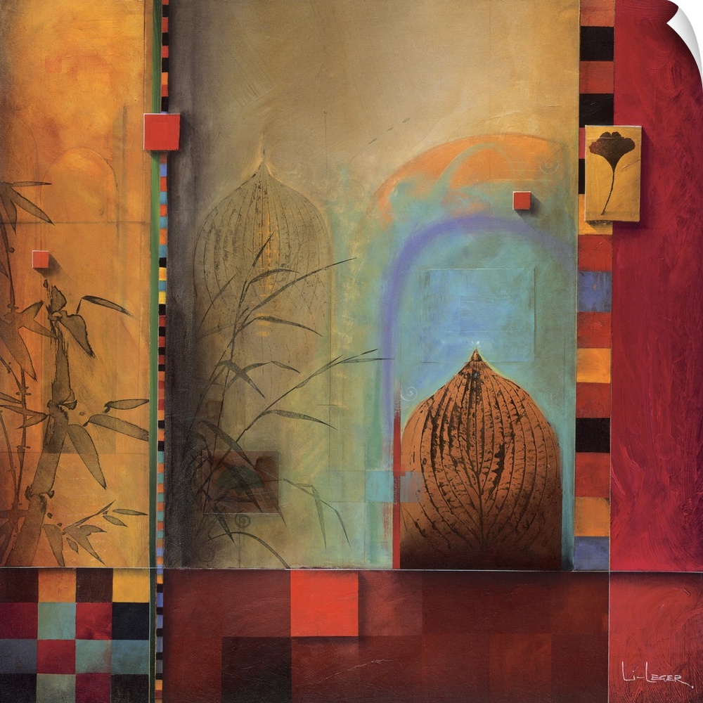A contemporary painting of bamboo, leaves, and a door bordered with a square grid design.