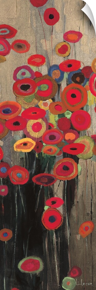 A long vertical painting of a group of multi-colored poppies on a neutral backdrop.