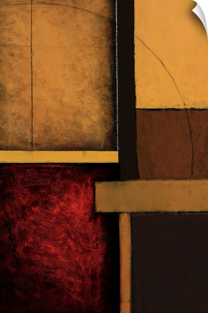 Abstract painting of rectangle shapes overlapping in earth color tones.