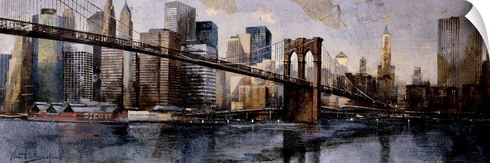 A horizontal painting of Brooklyn Bridge with the New York cityscape behind.