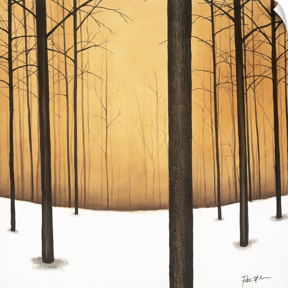 Square contemporary painting of bare trees and snow in a forest with a warm background.