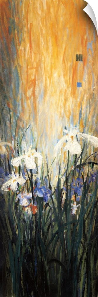 A contemporary painting with white flowers with long grass and a bright orange background.