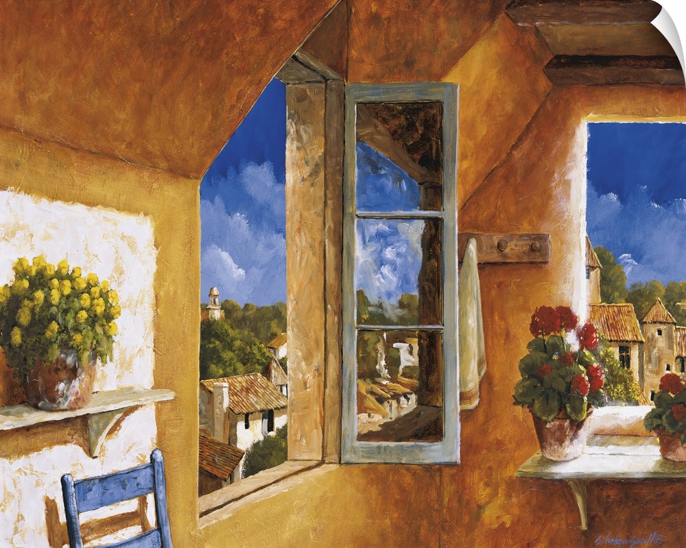 Artwork of an open window in a home in a European village.