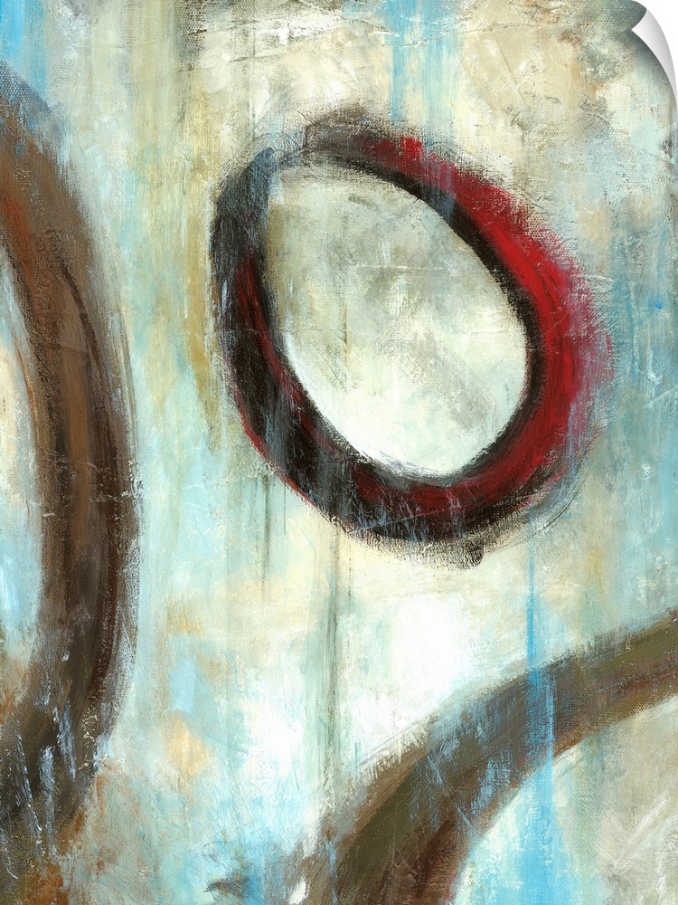 Vertical painting of muted textured colors with circular rings overlapping.