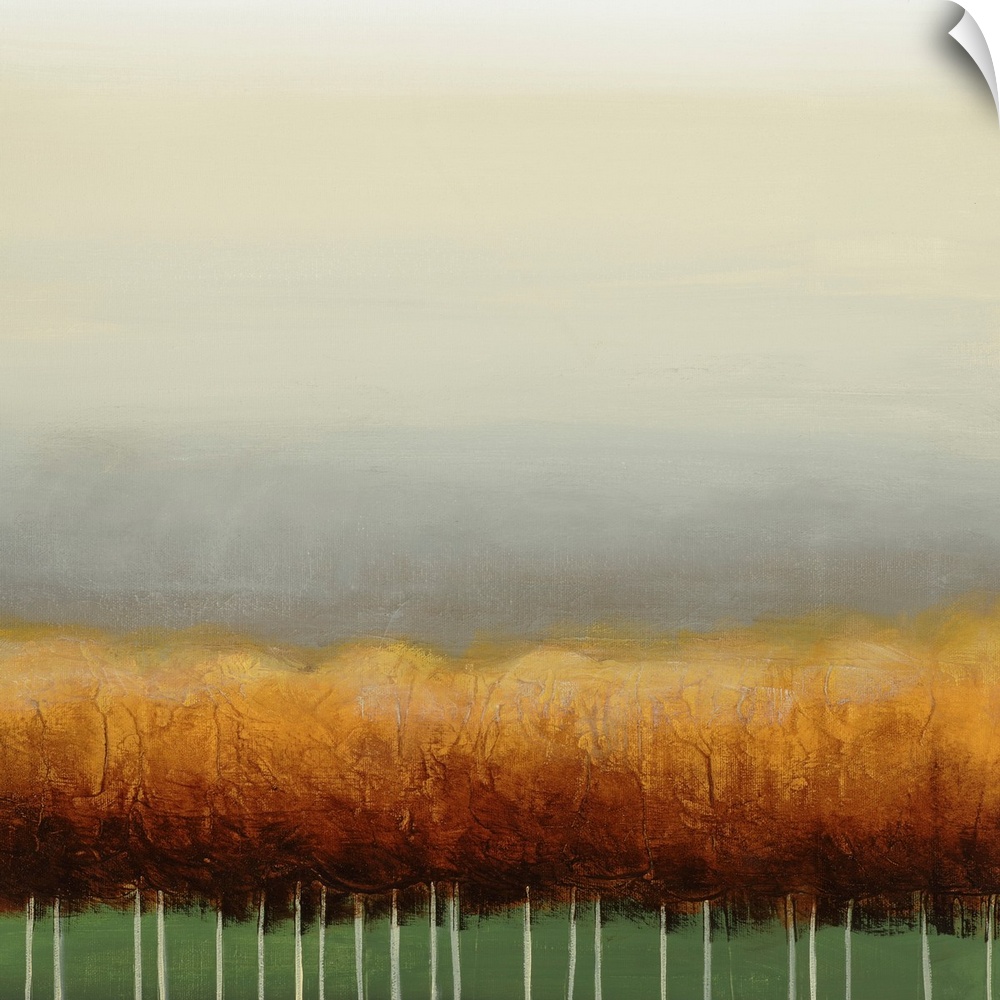 Square painting of a grove of golden trees with a green background and a wide gray sky above.