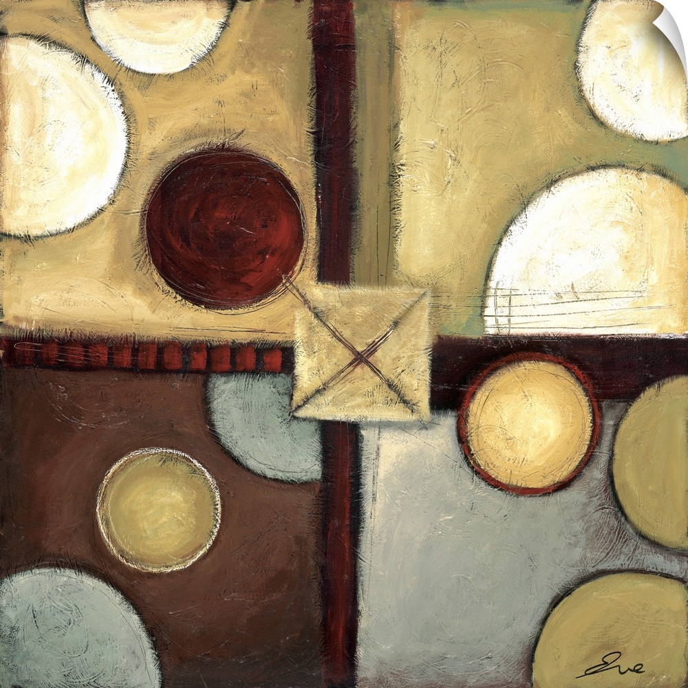 Abstract painting of squared shapes overlapped with circular and "x" elements all done in earth tones.